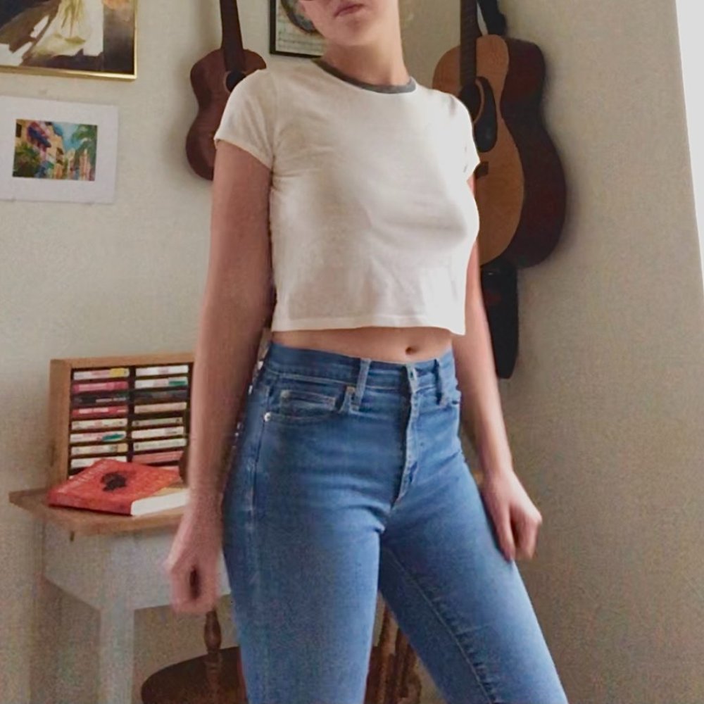 Cropped Off-White Tee with Grey Neckline